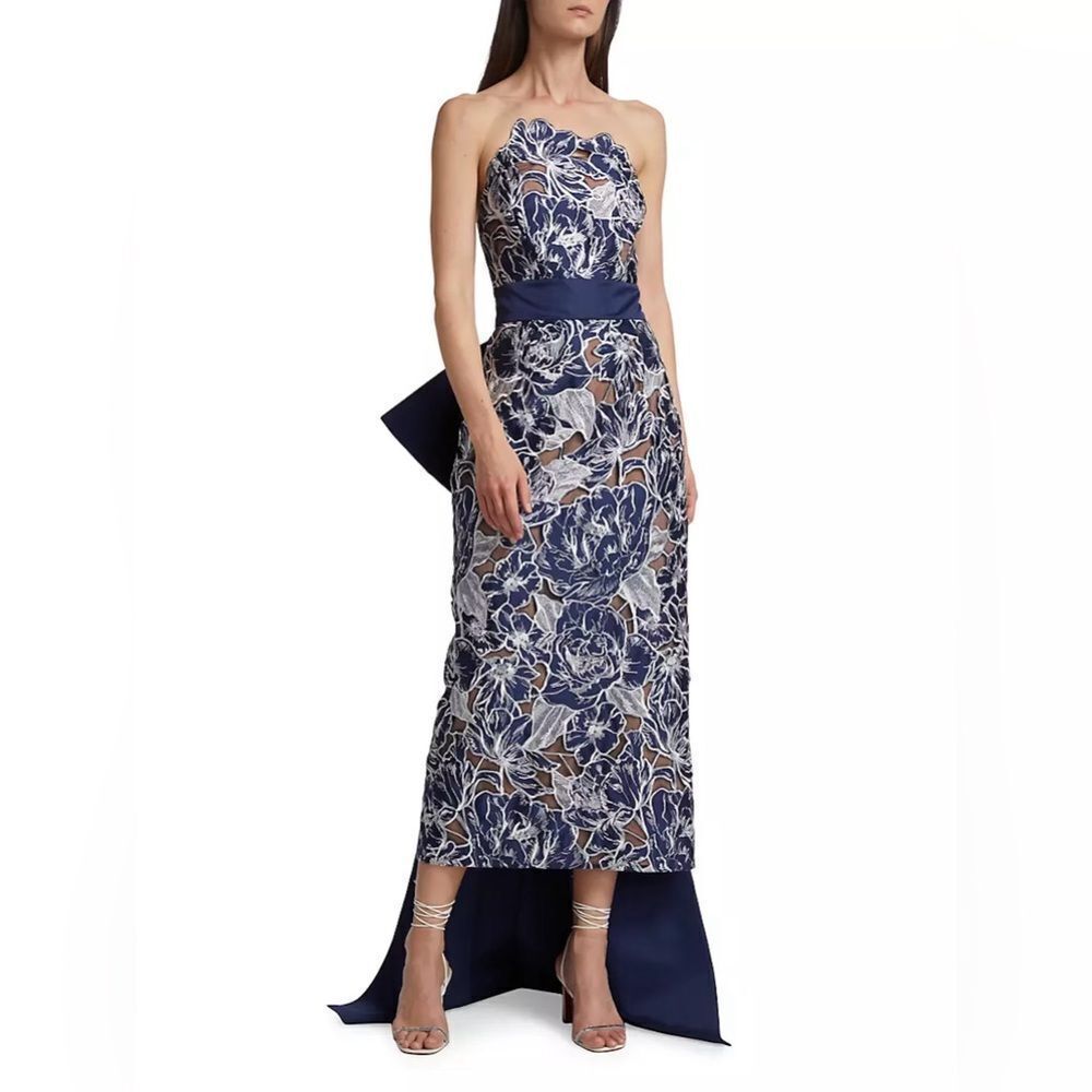Marchesa Notte Navy Bow Back Lace Strapless Midi Dress